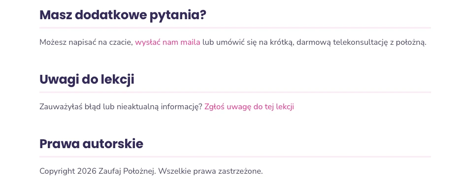 Stopka lekcji: pytania do położnej, uwagi do lekcji i prawa autorskie
