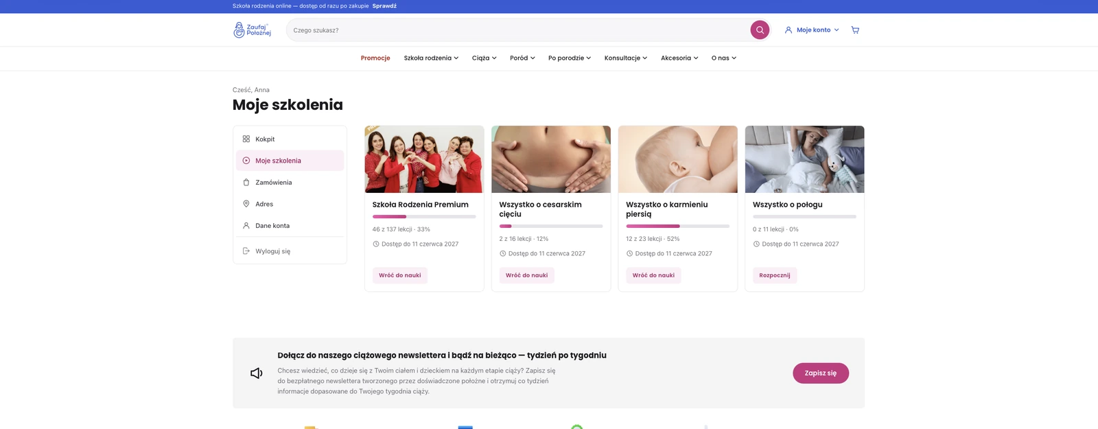 Zakładka Moje szkolenia z kartami kursów i paskami postępu