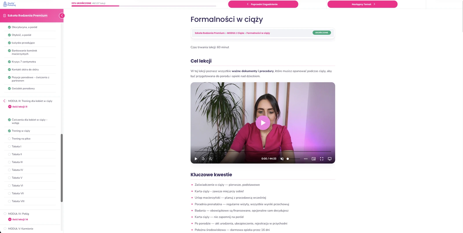 Spis treści kursu z odblokowanymi lekcjami