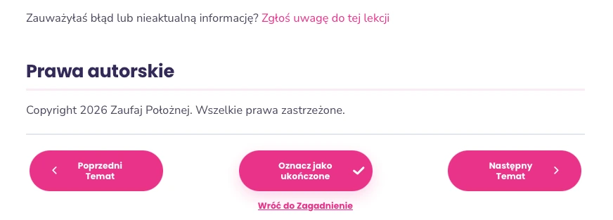 Przycisk „Oznacz jako ukończone” na dole lekcji