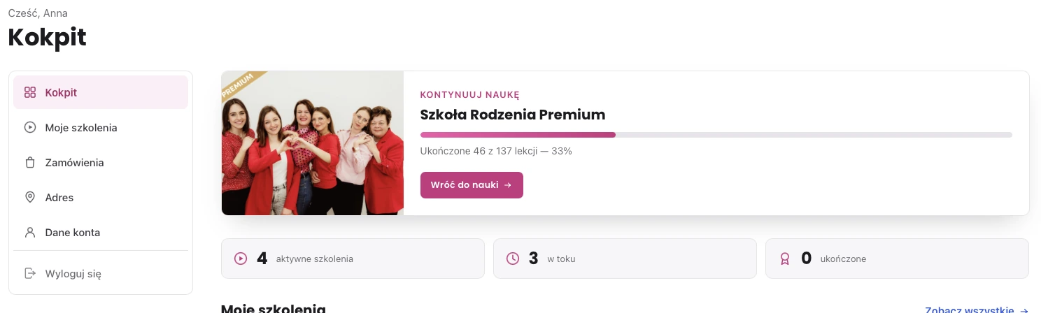 Blok Kontynuuj naukę w Moim koncie z paskiem postępu