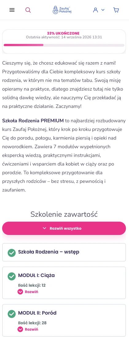 Widok kursu na telefonie ze spisem treści i paskiem postępu